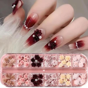 12-Compartment Set: 3D Sculpted Camellia & Rose Nail Art Decorations